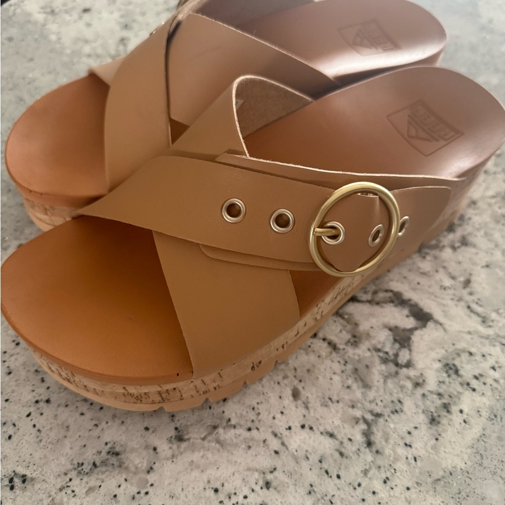 Reef Tan Cork Wedge Slide Sandals with Gold Ring Accent